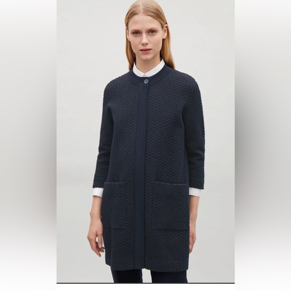 COS NAVY BLUE ZIP UP CARDIGAN SWEATER WITH RAISED CIRCLE PATTERN SIZE SMALL